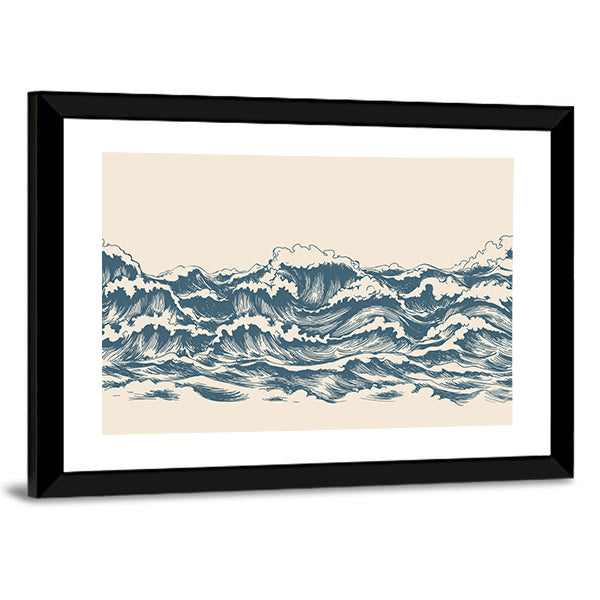 Ocean Waves Woodblock Sketch Canvas Wall Art