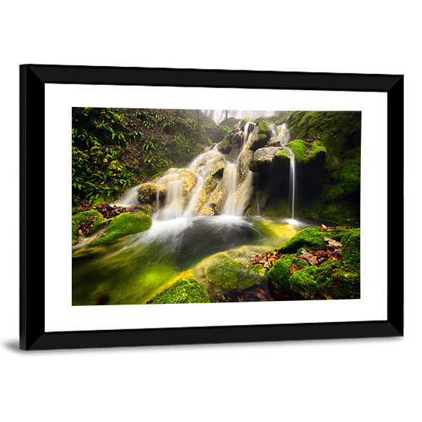 Forest Waterfall with Moss-covered Rocks Canvas Wall Art