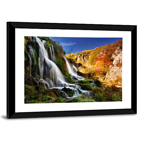 Autumn Waterfall with Mossy Rocks Canvas Wall Art