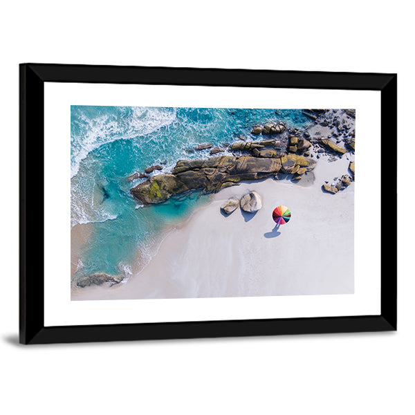 Umbrella On The Beach And Foam Of Sea Wave Canvas Wall Art