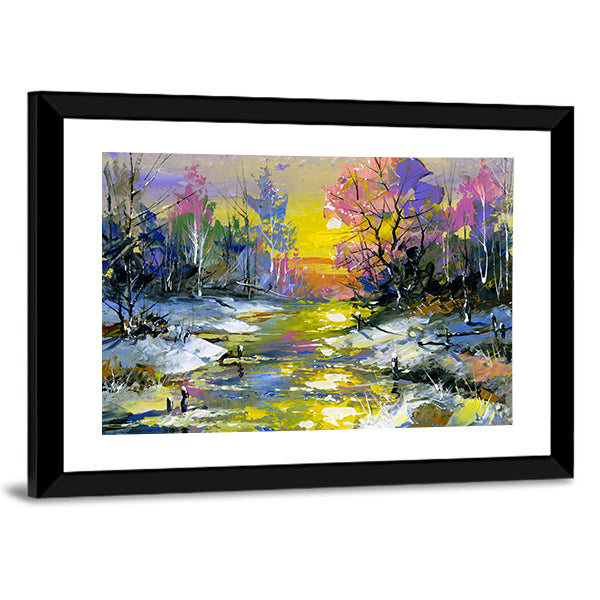 Winter Sunset River in Snowy Forest Canvas Wall Art