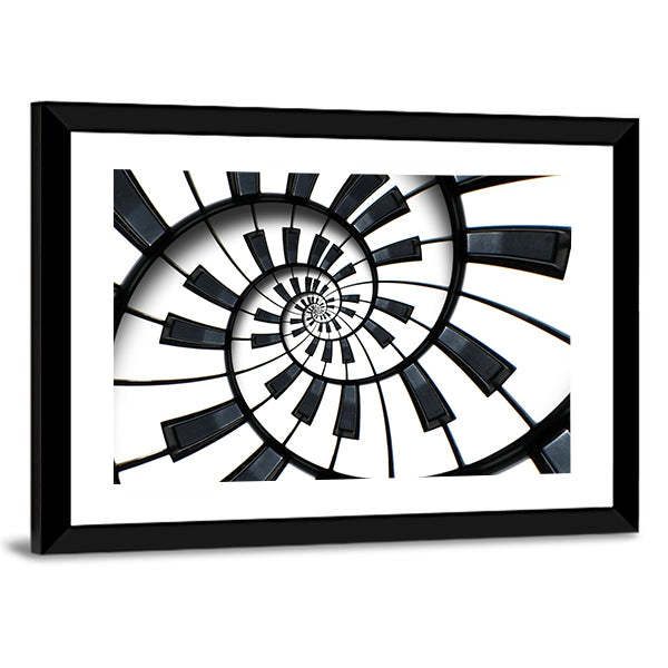 Spiral Piano Keyboard Canvas Wall Art in black and white, framed print, product view on a white background