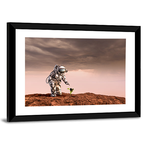 Astronaut on Rust-red Planet Canvas Wall Art in gray, brown and red, framed print, product view on a white background