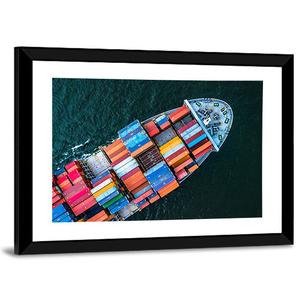 Birds-eye Cargo Ship with Containers Canvas Wall Art in blue and multicolor, framed print, product view on a white background