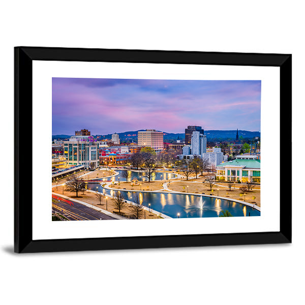 Huntsville Cityscape at Twilight Canvas Wall Art in yellow, blue and purple, framed print, product view on a white background