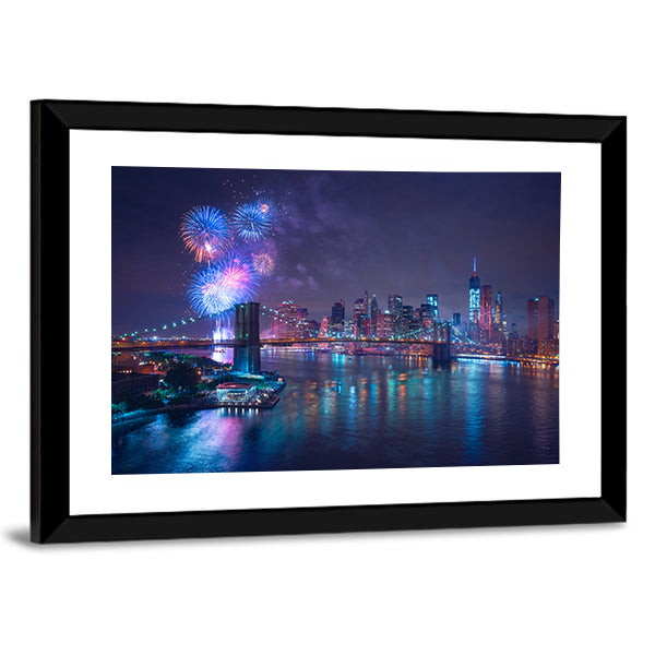 Fourth of July Fireworks Over New York Canvas Wall Art in blue, navy and purple, framed print, product view on a white background