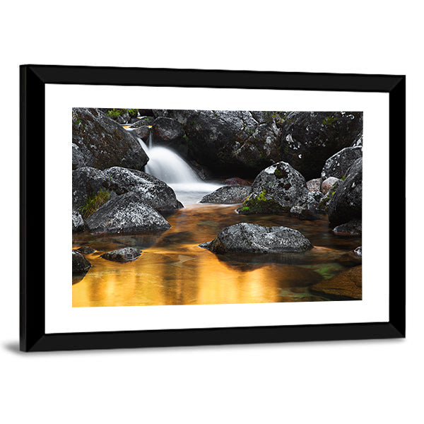 The Macieira River In Peneda Geres National Park Portugal Canvas Wall Art in gray, brown and yellow, framed print, product view on a white background
