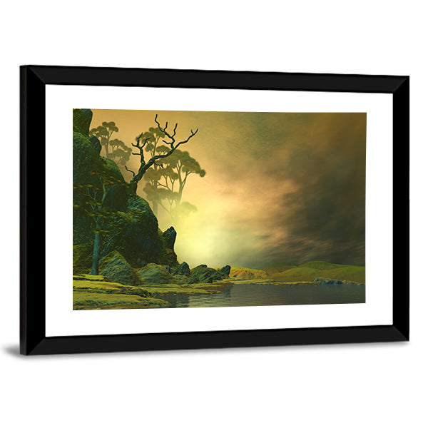 Misty Mountain Lake with Twisted Tree Canvas Wall Art