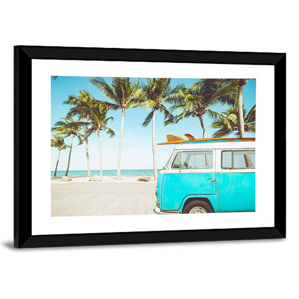 Teal and White Kombi on Tropical Beach Canvas Wall Art