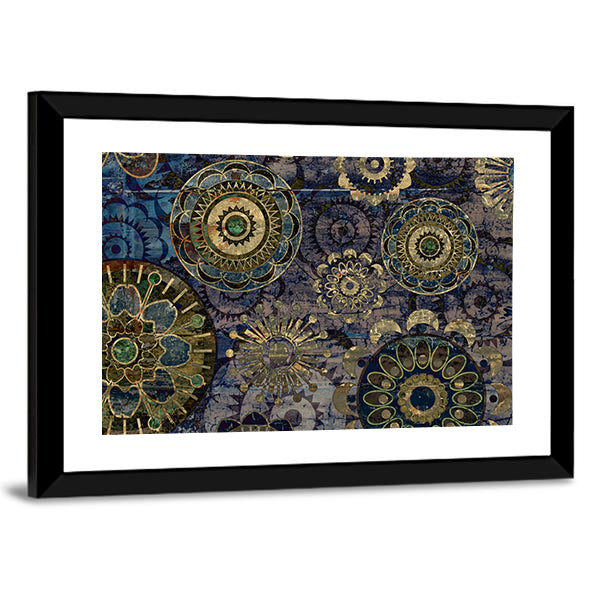 Vintage Floral Mandala Abstract in Navy and Gold Canvas Wall Art