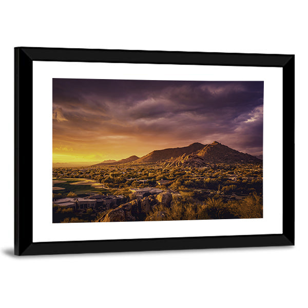 Scottsdale Desert Sunset Landscape Canvas Wall Art in orange, yellow and purple, framed print, product view on a white background