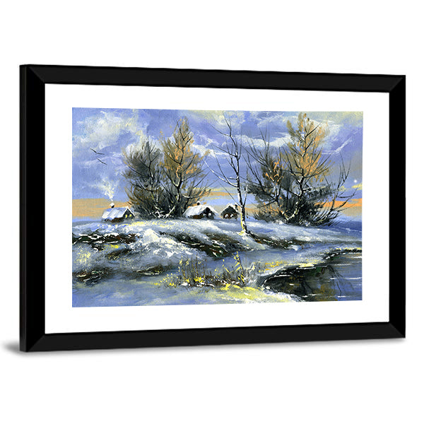 House On Bank Of Lake In Winter Canvas Wall Art