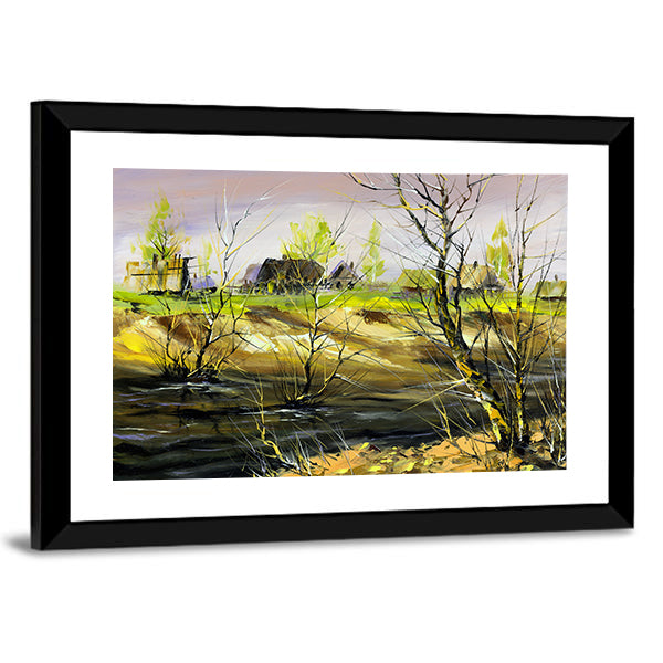Rural House On River Bank Canvas Wall Art