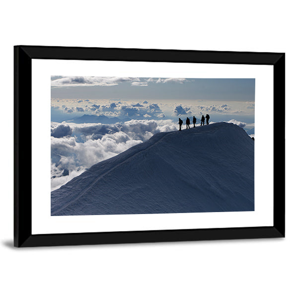 Climbers On Mountain Top Canvas Wall Art in white, gray and blue, framed print, product view on a white background