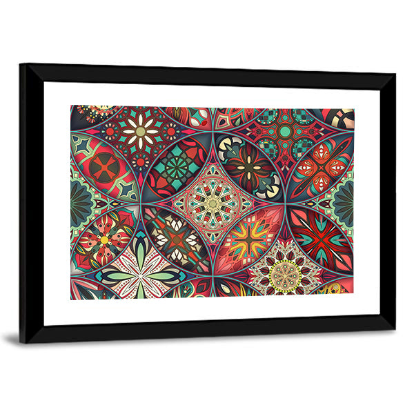 Vintage Mandala Elements Canvas Wall Art in red, blue and multicolor, framed print, product view on a white background