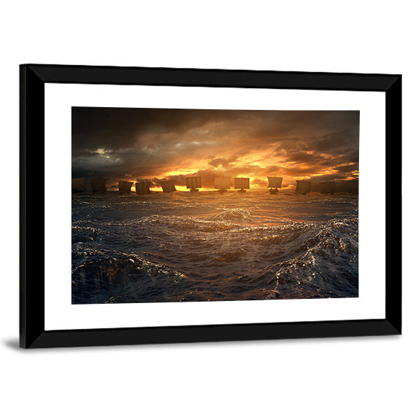 Viking Longships at Stormy Sunset Canvas Wall Art