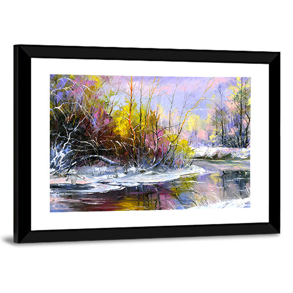 Winter River at Sunset Canvas Wall Art