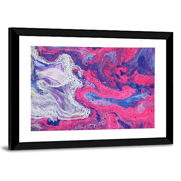Acrylic Marble Texture Canvas Wall Art in blue, purple and pink, framed print, product view on a white background