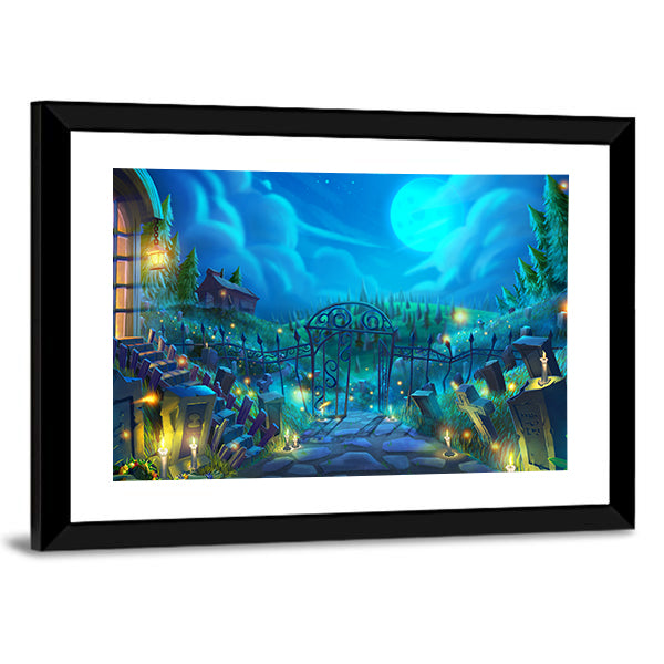 Moonlit Graveyard with Iron Gate Canvas Wall Art