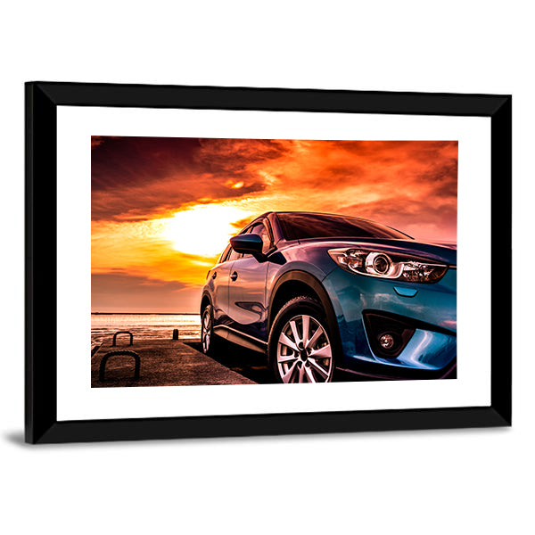 Blue Suv at Coastal Sunset Canvas Wall Art in orange, yellow and blue, framed print, product view on a white background