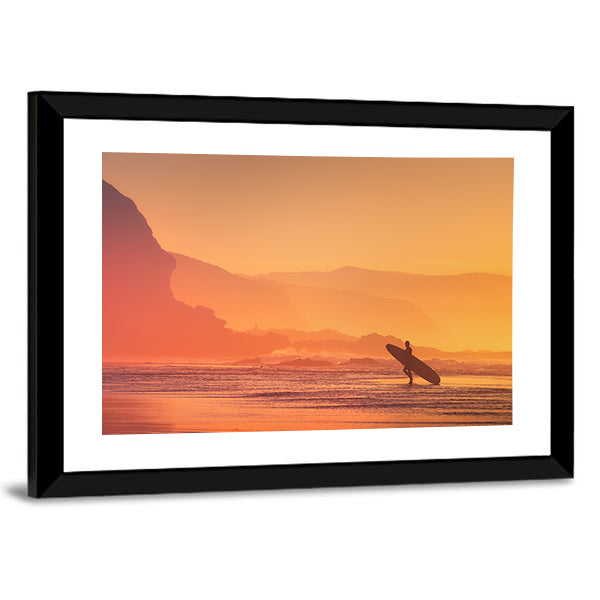 Surfer Silhouette At The Sunset Canvas Wall Art