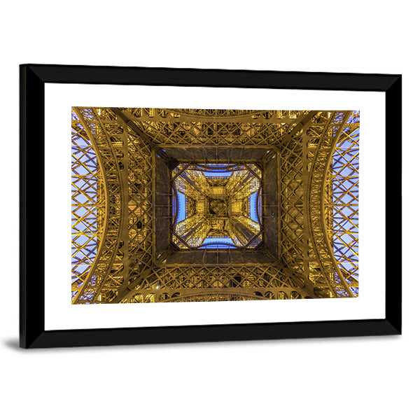 Internal Structure of the Eiffel Tower, Paris Canvas Wall Art in gold, yellow and blue, framed print, product view on a white background