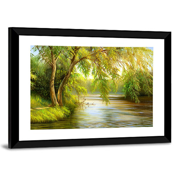 Summer Riverbank with Weeping Willow Canvas Wall Art