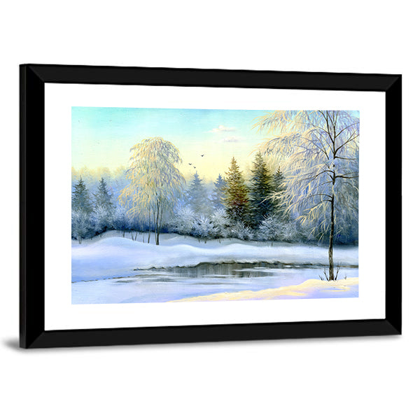 Frozen Lake In Winter Wood Canvas Wall Art