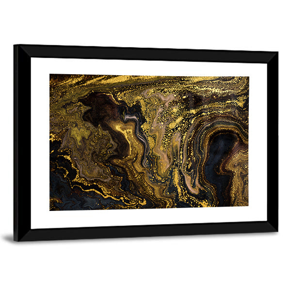 Marble Ripple Pattern Canvas Wall Art in black, brown and gold, framed print, product view on a white background