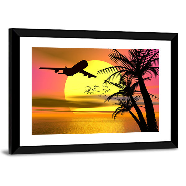 Tropical Sunset With Airplane Canvas Wall Art