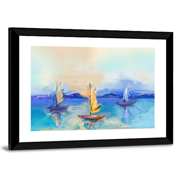 Textured Oil Seascape with Three Sailboats Canvas Wall Art