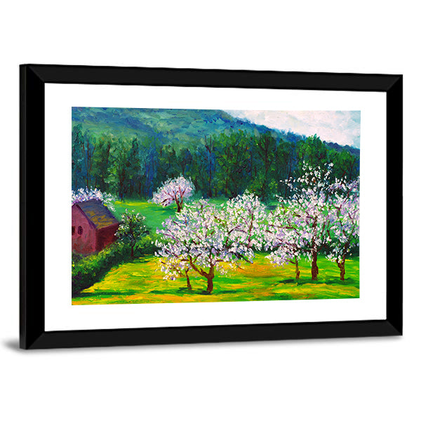 Plum Blossom Orchard with Red Barn Canvas Wall Art