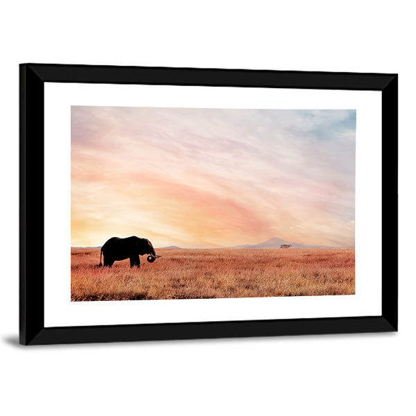 Lonely Elephant In Savannah Sunset Canvas Wall Art