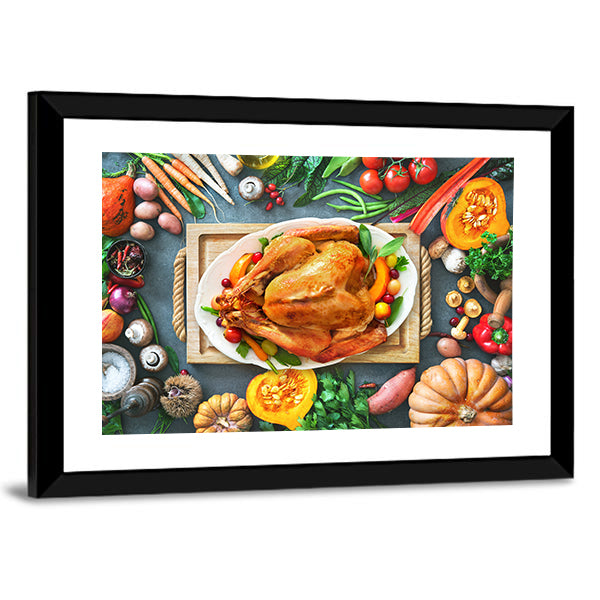 Thanksgiving Roasted Turkey Canvas Wall Art in brown, orange and green, framed print, product view on a white background