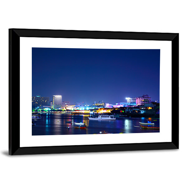 Night View Of The Pattaya City In Thailand Canvas Wall Art in blue and navy, framed print, product view on a white background