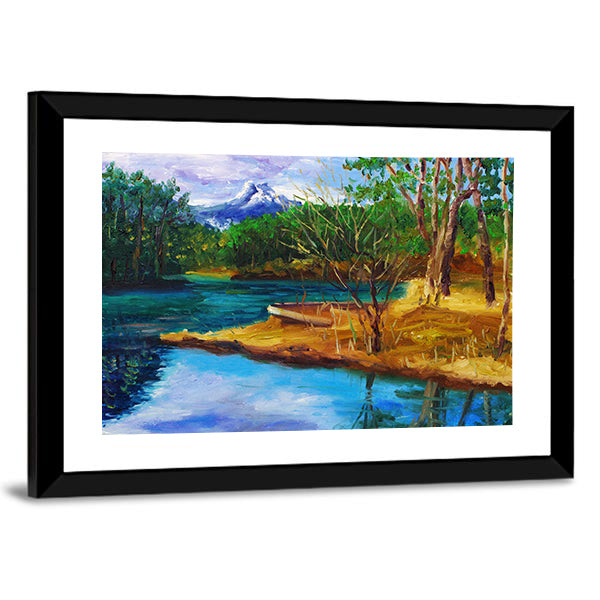Autumn Lake with Rowboat and Mountain Reflection Canvas Wall Art