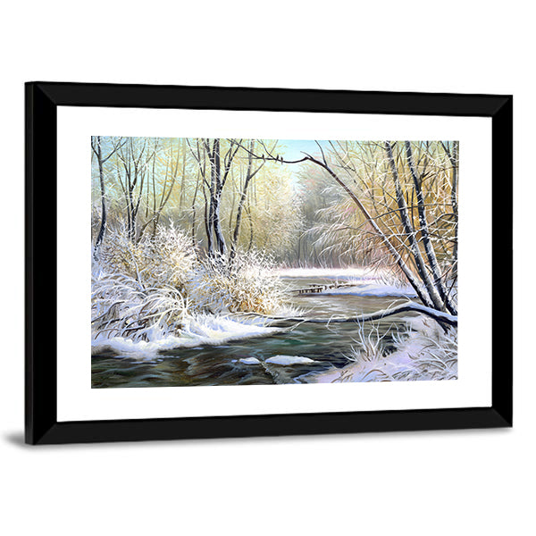 River In Winter Forest Canvas Wall Art