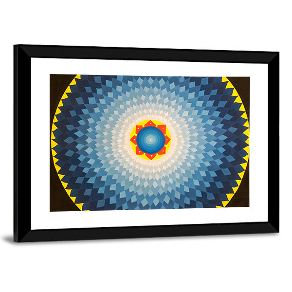 Geometric Flower Mandala Canvas Wall Art in black, yellow and blue, framed print shown in a room