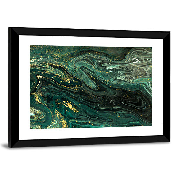 Green Marble Acrylic Pattern Canvas Wall Art in black, gold and green, framed print, product view on a white background