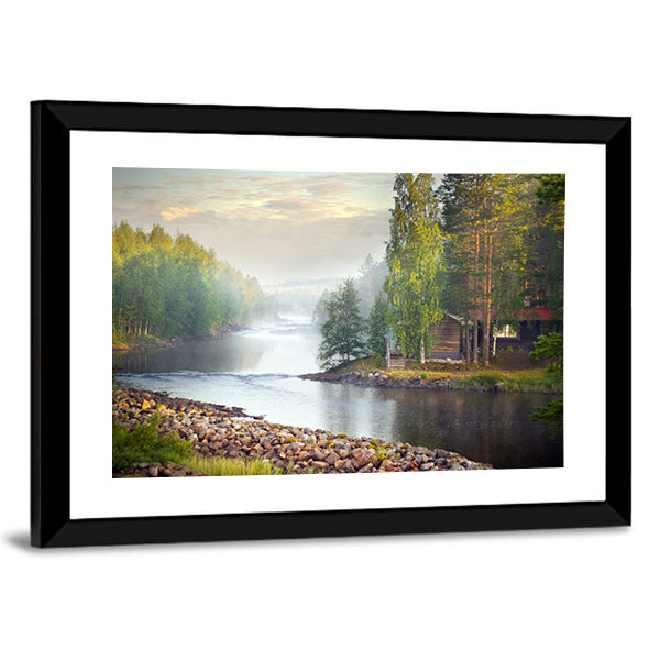 Mystic River In The Morning Canvas Wall Art in gray, brown and green, framed print, product view on a white background