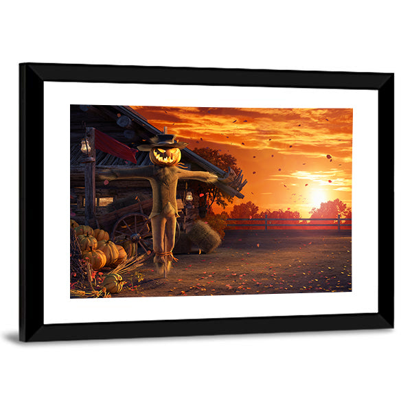 Pumpkin Scarecrow at Autumn Sunset Canvas Wall Art in brown, orange and yellow, framed print, product view on a white background