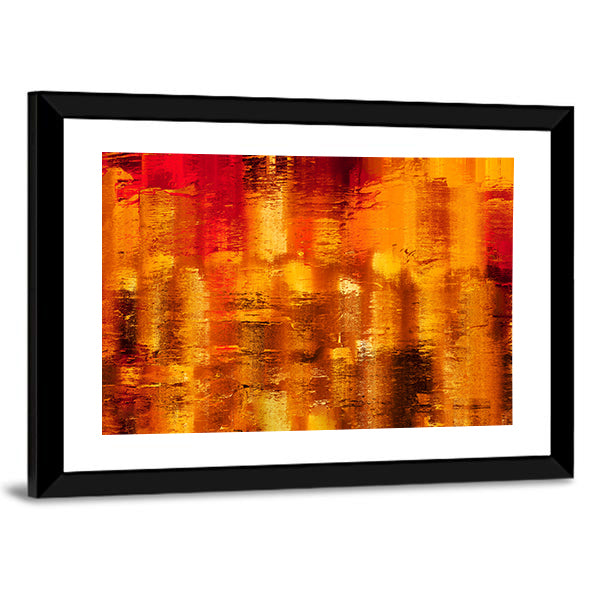 Shining Brushstrokes Canvas Wall Art in red, orange and yellow, framed print, product view on a white background