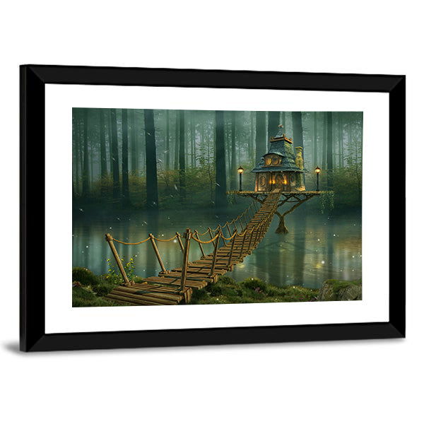 Fairy House on Tree Trunk with Rope Bridge Canvas Wall Art