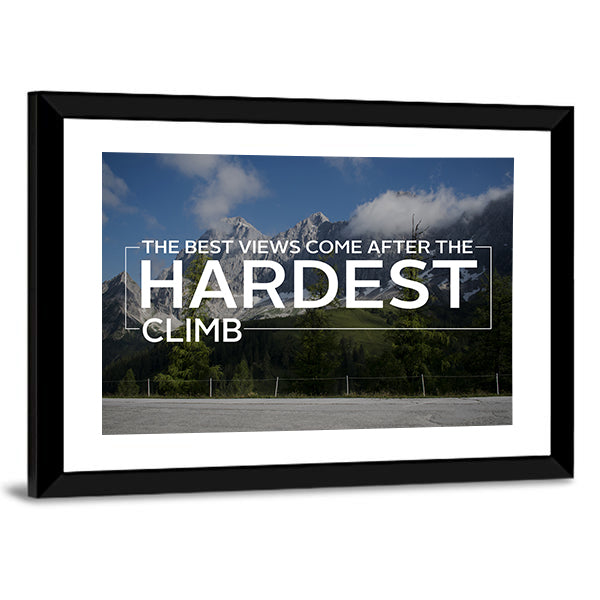 Workout Quote Over Alpine Mountain Road Canvas Wall Art in gray, green and blue, framed print, product view on a white background