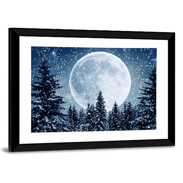 Winter Scene In Full Moon Canvas Wall Art
