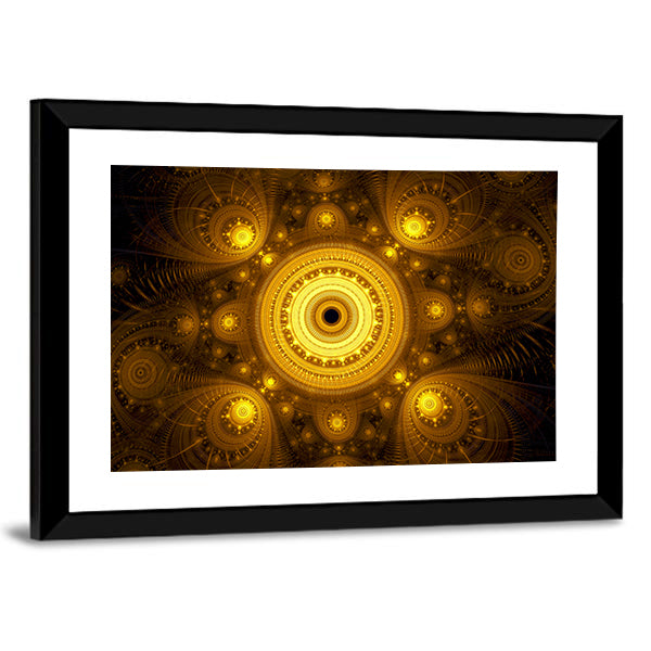 Fractal Mandala Canvas Wall Art in black, gold and yellow, framed print, product view on a white background