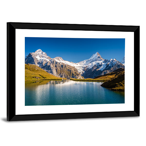 Grindelwald Bernese Alps In Switzerland Canvas Wall Art in white, brown and blue, framed print, product view on a white background