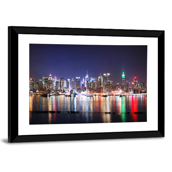 Times Square Reflections Over Hudson River Canvas Wall Art in black and blue, framed print, product view on a white background