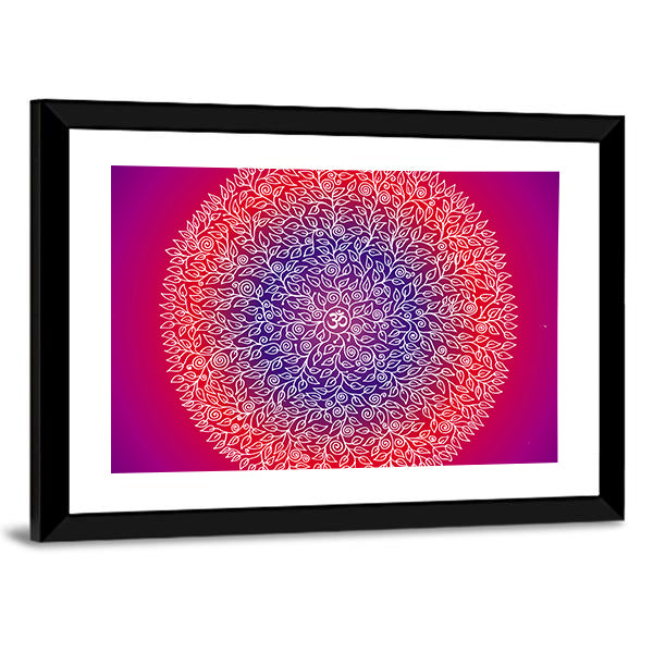 Spiritual Mandala Canvas Wall Art in red, purple and pink, framed print, product view on a white background