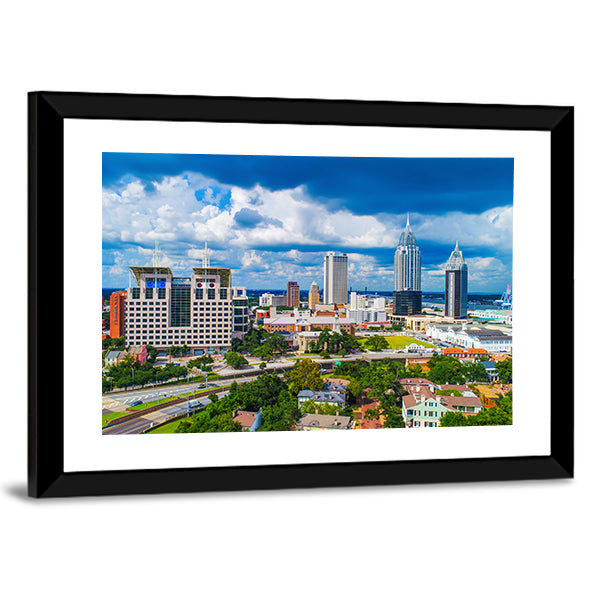 Alabama Downtown Skyline Canvas Wall Art in white, green and blue, framed print, product view on a white background